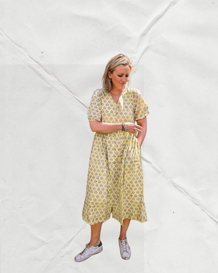 Dani Yellow V-Neck Cotton Dress – Handcrafted in Jaipur-Dresses-LNH Edit