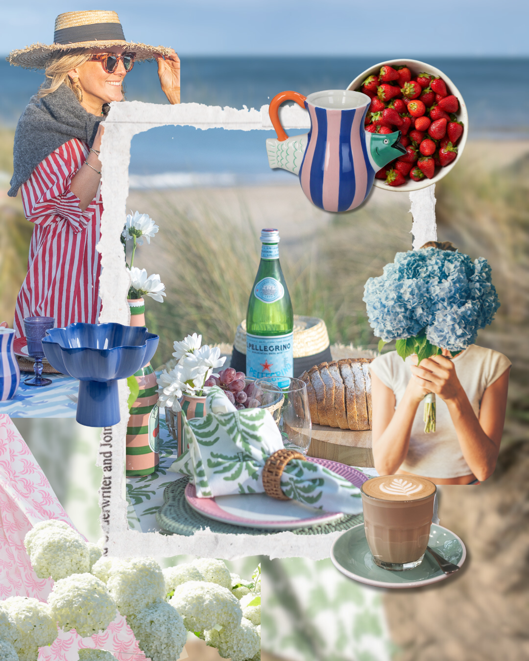 Collage of Irish summer lifestyle featuring artisan tableware, coastal scenery, strawberries, hydrangeas, and slow living rituals with products from LNH Edit.
