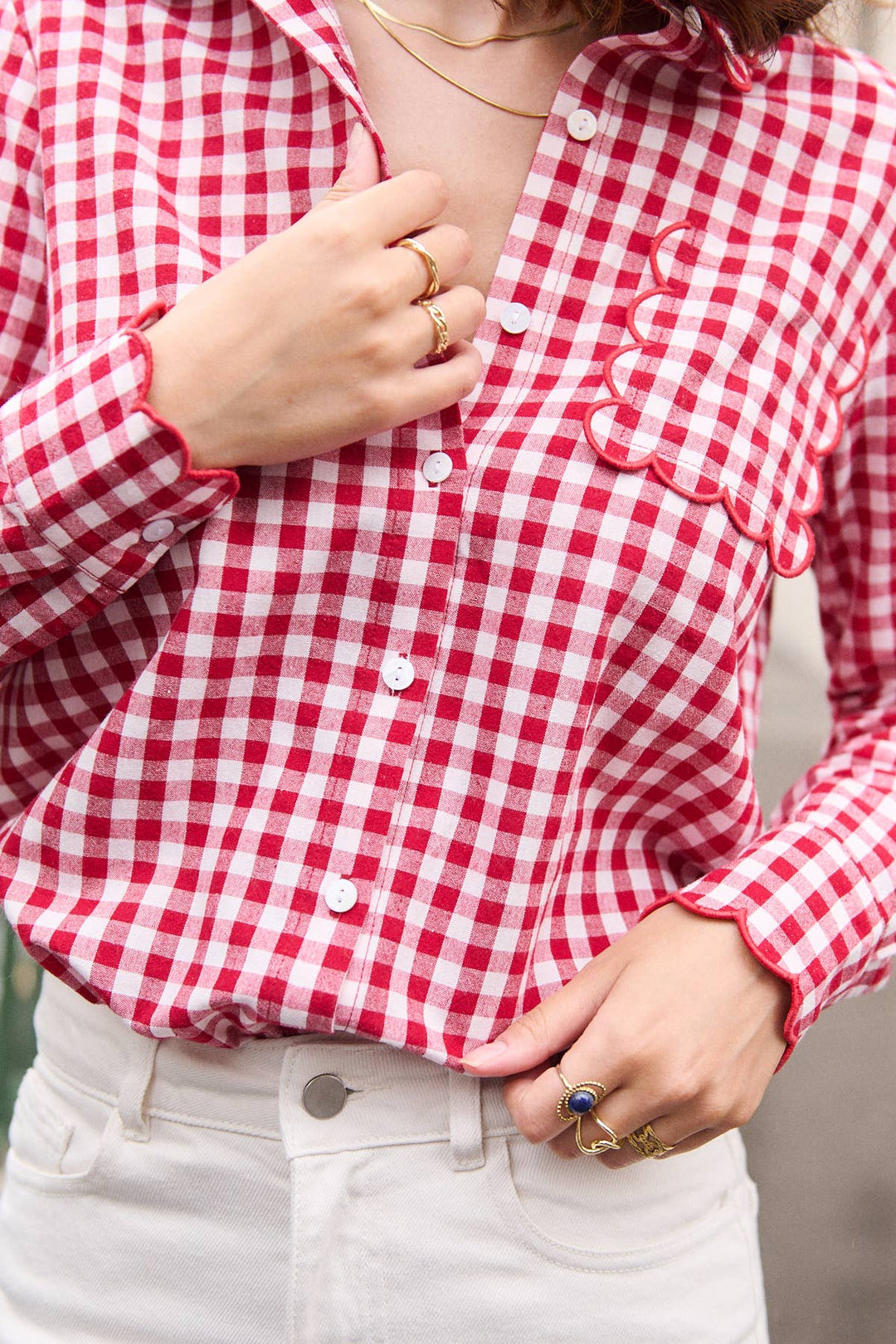 Scallop Red Gingham print cotton shirt-Shirts & Tops-LNH Edit