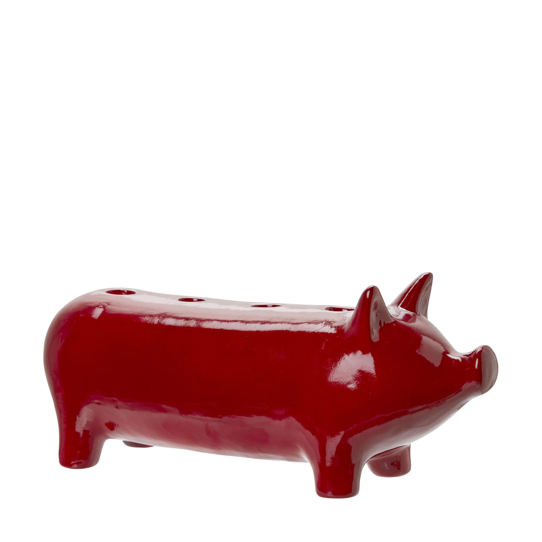 Large Red Ceramic Pig Candlestick Holder