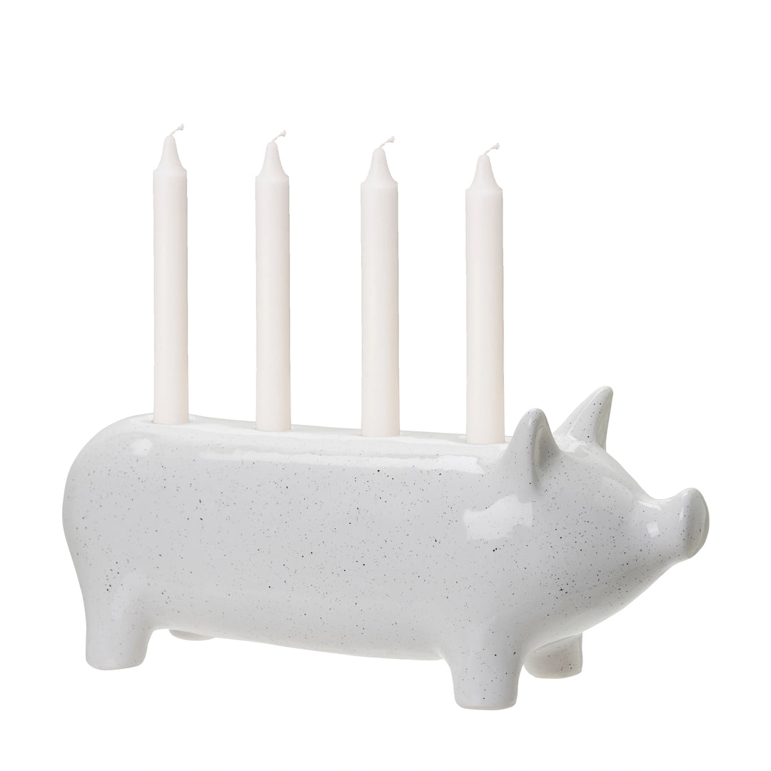 Large White Ceramic Pig Candlestick Holder