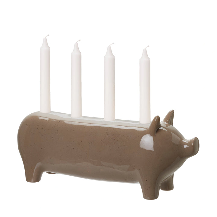 Large Taupe Ceramic Pig Candlestick Holder