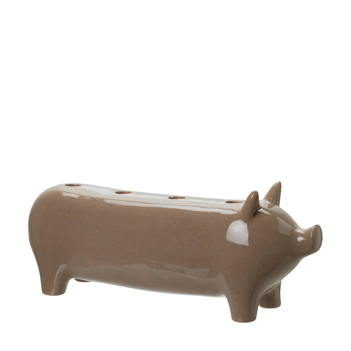 Large Taupe Ceramic Pig Candlestick Holder