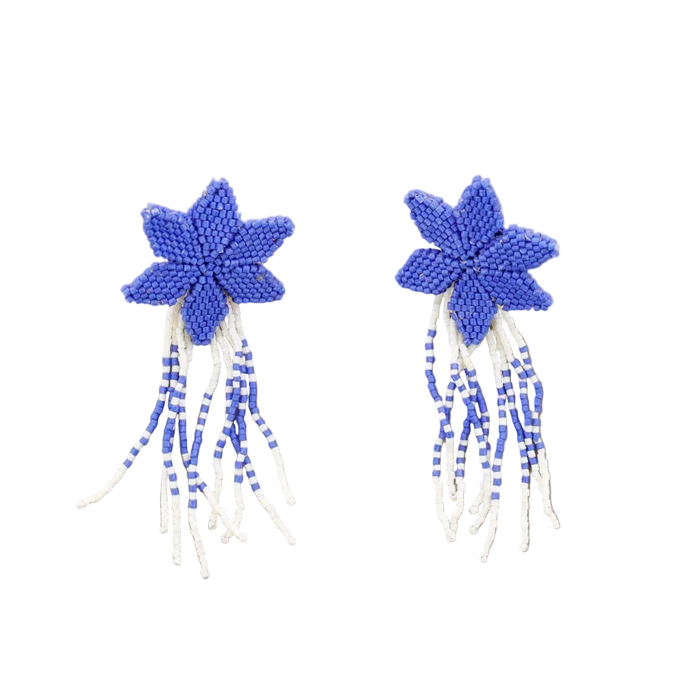 Flower Fringe Beaded Earrings: Blue