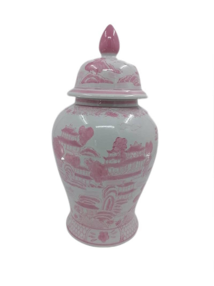 Pink & White Chinoiserie Ceramic Jar 18"-Ginger Jars-LNH Edit