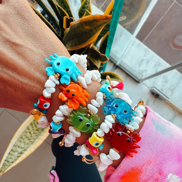 White Chip Bracelet with Blue Exotic Crab