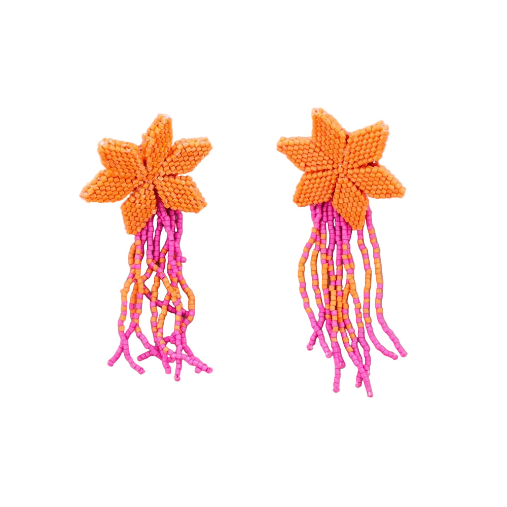Flower Fringe Beaded Earrings: Orange