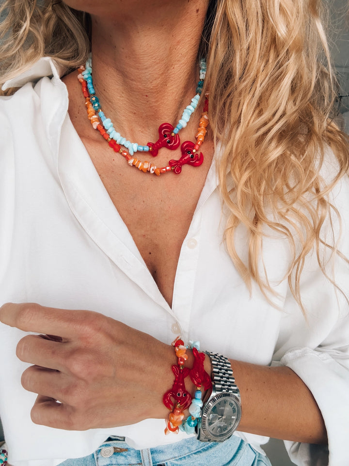 Semiprecious Filntisi Chips in Turquoise with Glass Lobster