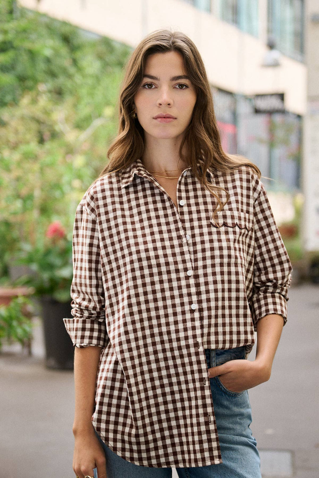Loose Brown gingham print cotton shirt , scallop pocket-Shirts & Tops-LNH Edit