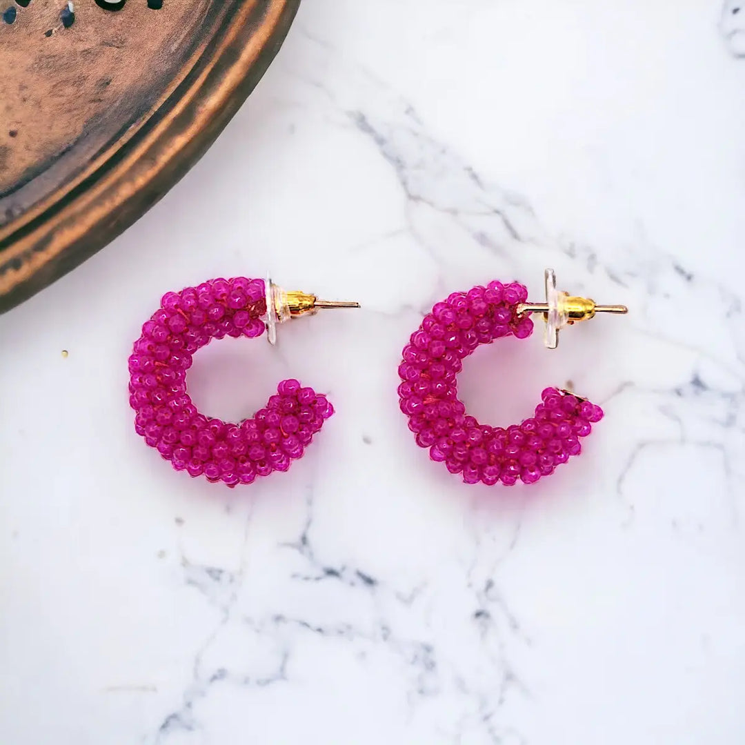 Mini Fuchsia Crystal Cluster Hoop Earrings