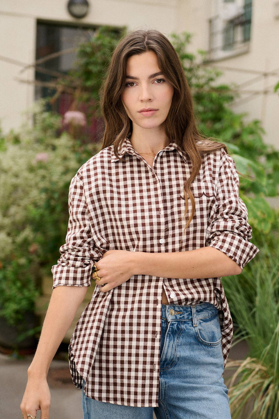 Loose Brown gingham print cotton shirt , scallop pocket-Shirts & Tops-LNH Edit