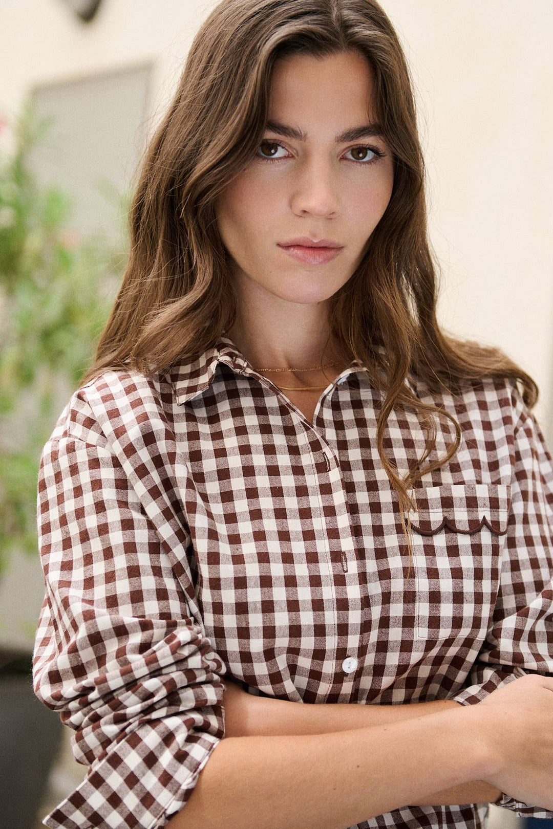 Loose Brown gingham print cotton shirt , scallop pocket-Shirts & Tops-LNH Edit