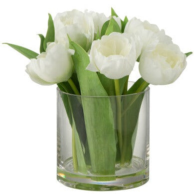 White Tulips in Large Glass Vase