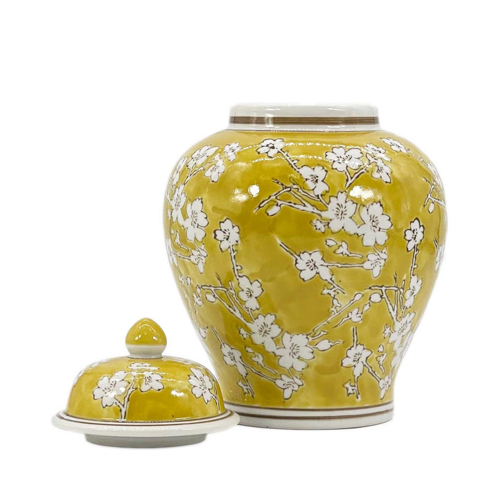 Yellow & White Ceramic Chinoiserie Ginger Jar 12"-Ginger Jars-LNH Edit