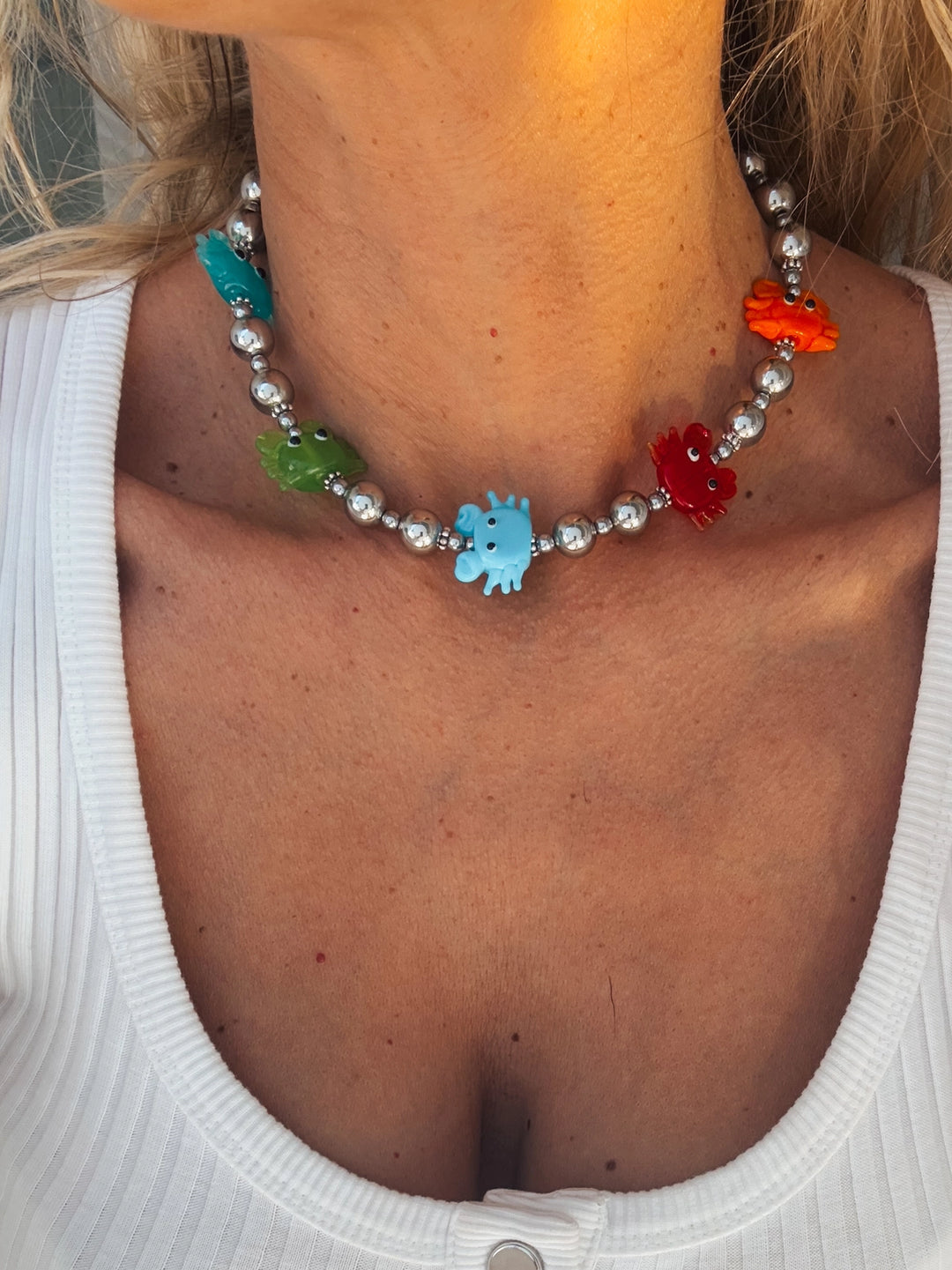 Silver Beaded Necklace with Lampwork glass Colorful Crabs