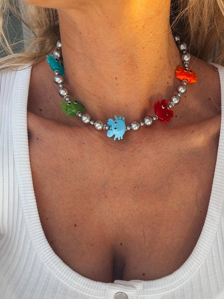 Silver Beaded Necklace with Lampwork glass Colorful Crabs
