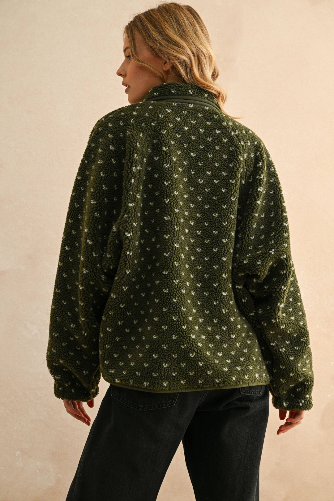 Olive Heart Print Sherpa Jacket