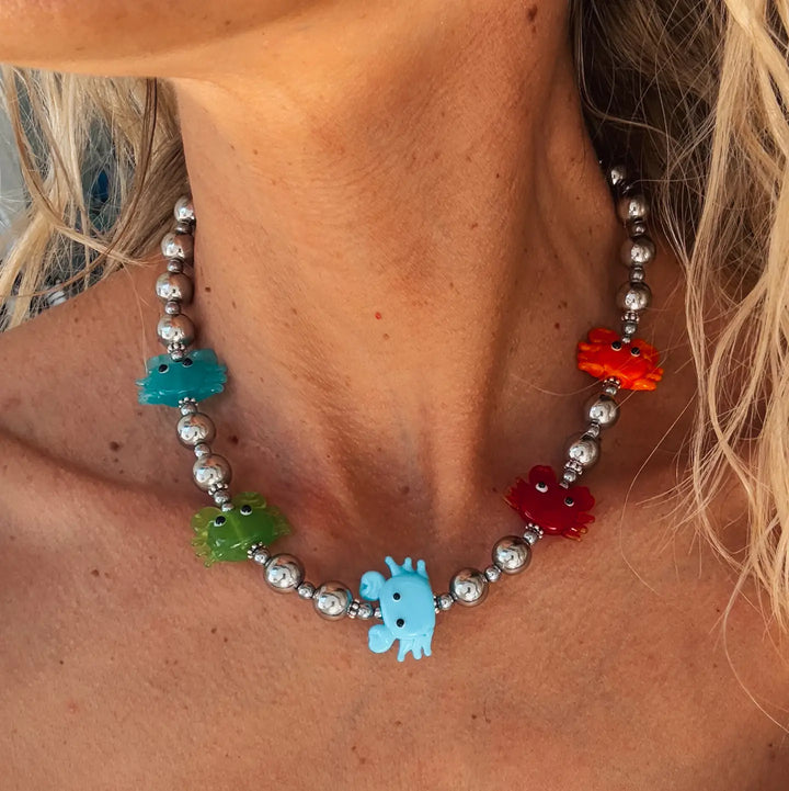 Silver Beaded Necklace with Lampwork glass Colorful Crabs