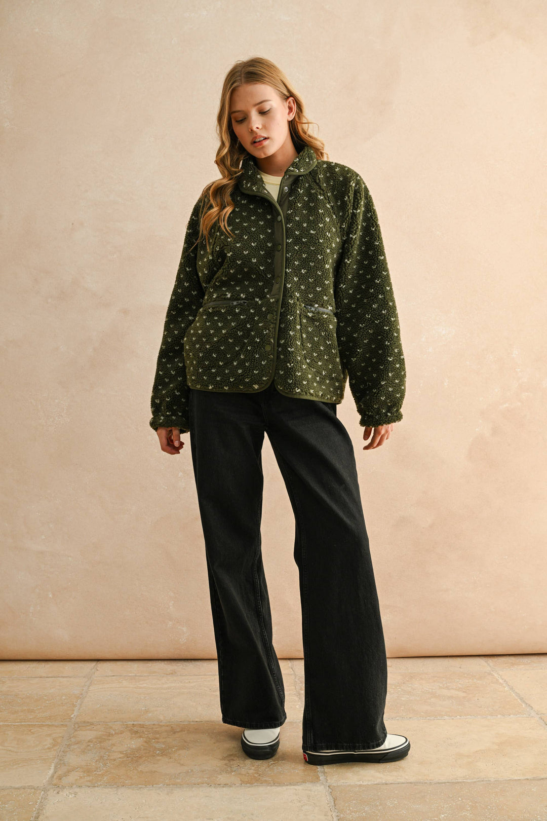 Olive Heart Print Sherpa Jacket