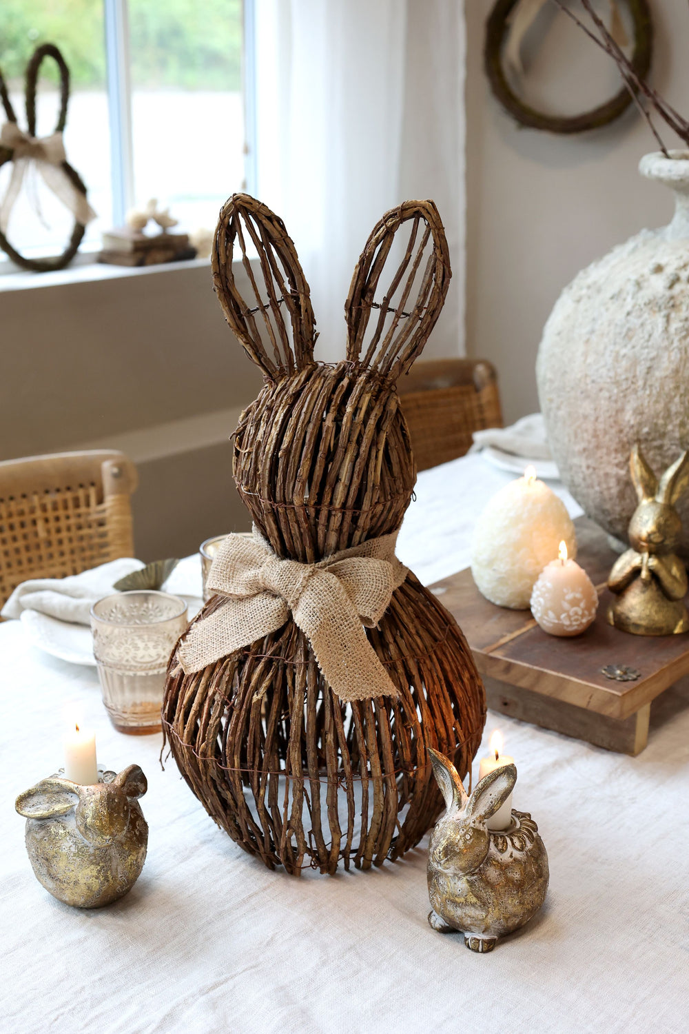 Large Wicker Rabbit with jute bow, 55cm-Seasonal Decorations-LNH Edit