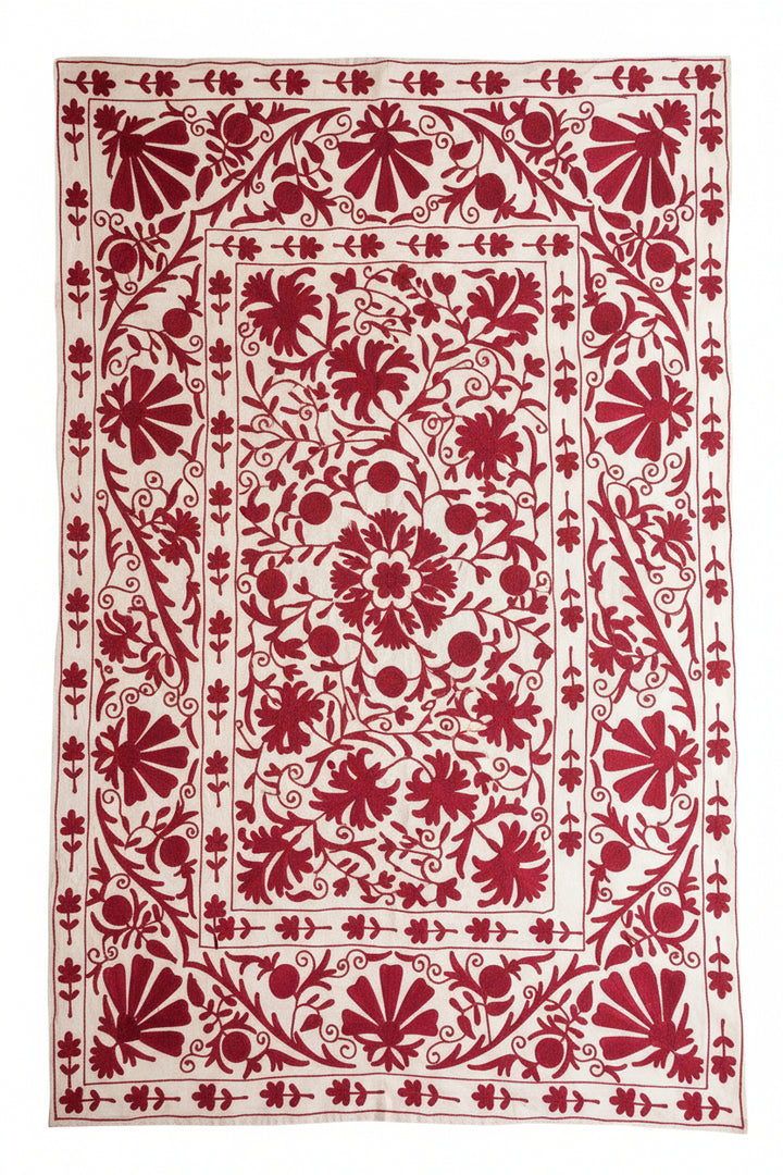 Red floral patterned fabric on a white background