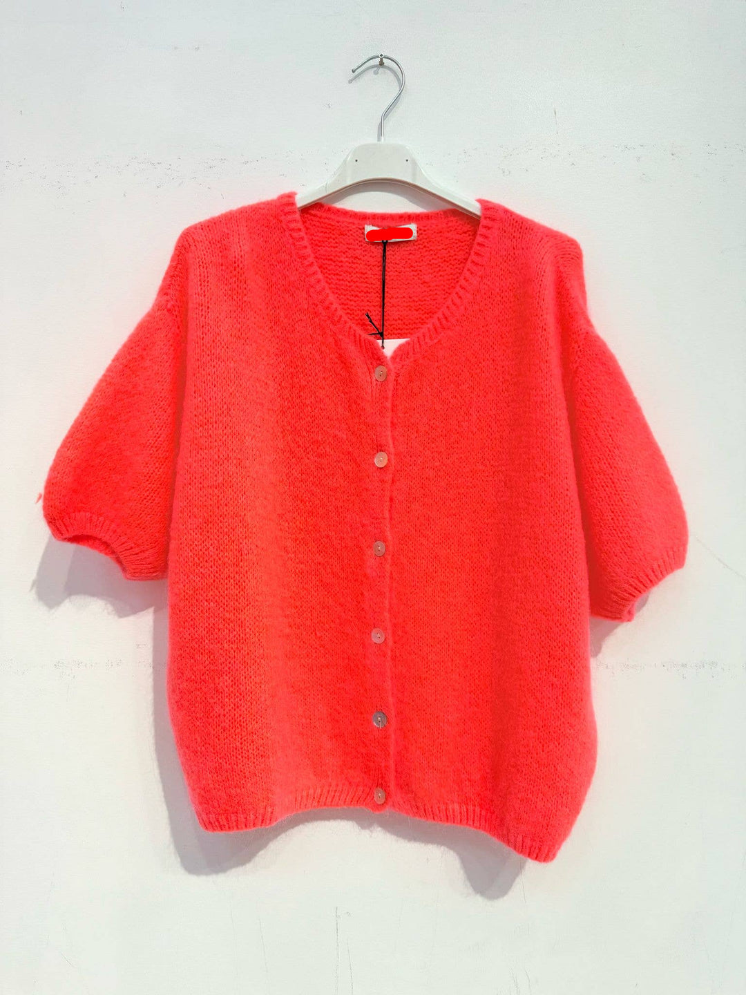 Neon Coral Short Sleeve Mohair Cardi--LNH Edit