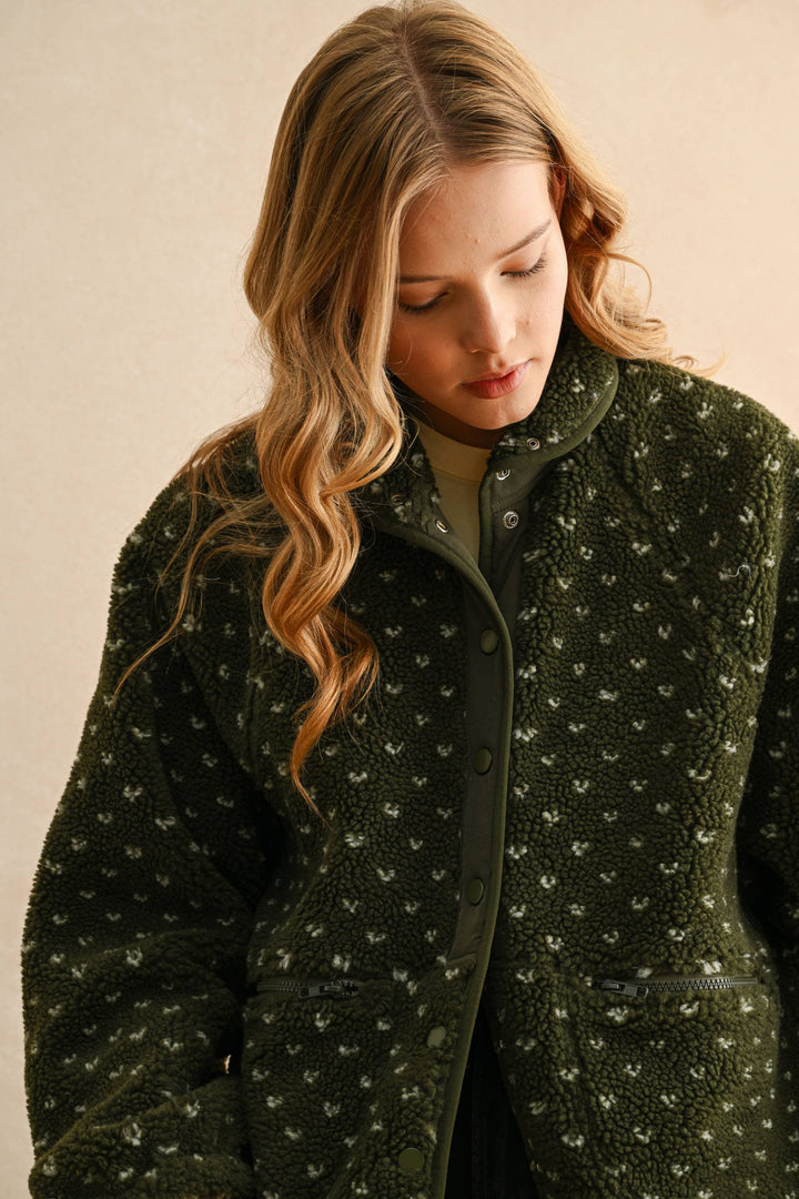 Olive Heart Print Sherpa Jacket