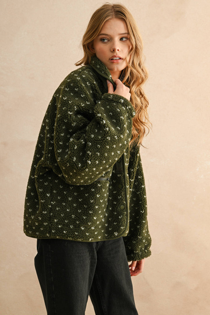 Olive Heart Print Sherpa Jacket