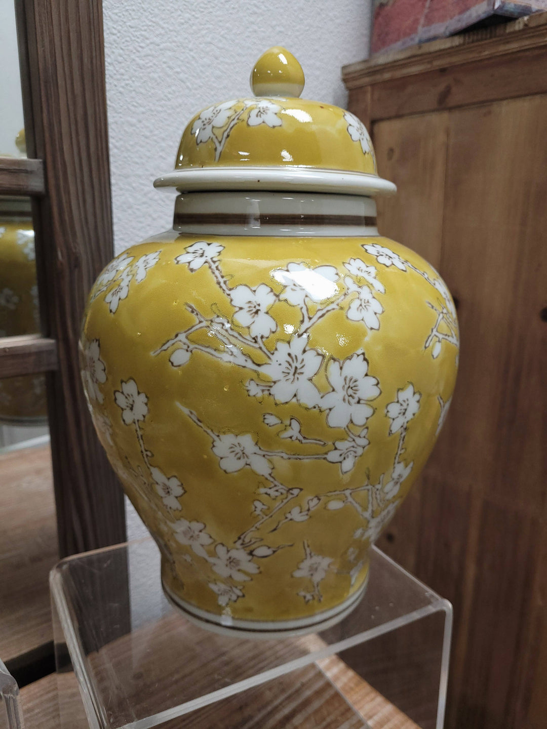 Yellow & White Ceramic Chinoiserie Ginger Jar 12"-Ginger Jars-LNH Edit