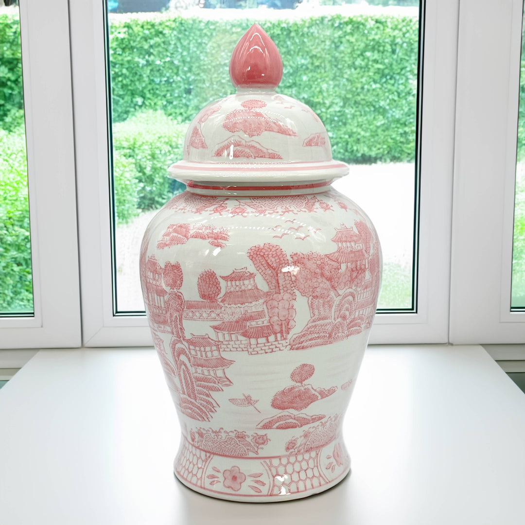 Pink & White Chinoiserie Ceramic Jar 18"-Ginger Jars-LNH Edit