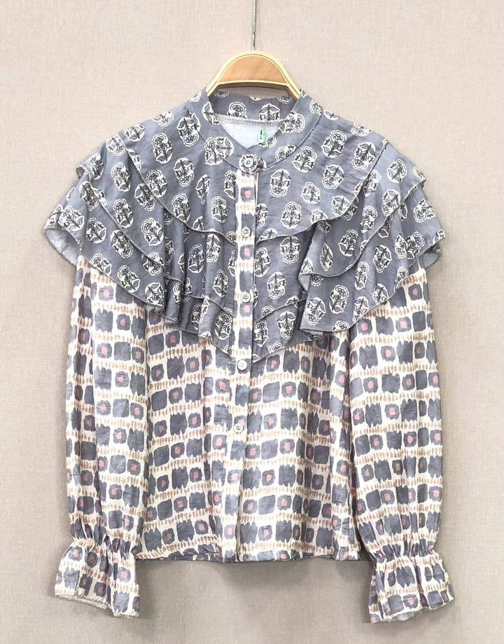 Grey Frill Printed Blouse