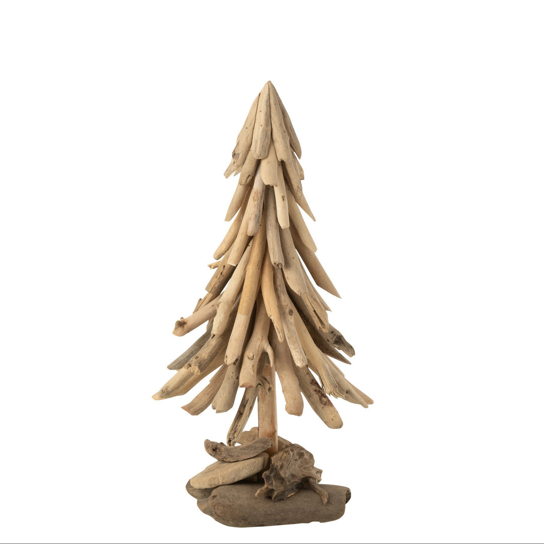 Driftwood Christmas tree sculpture on a white background