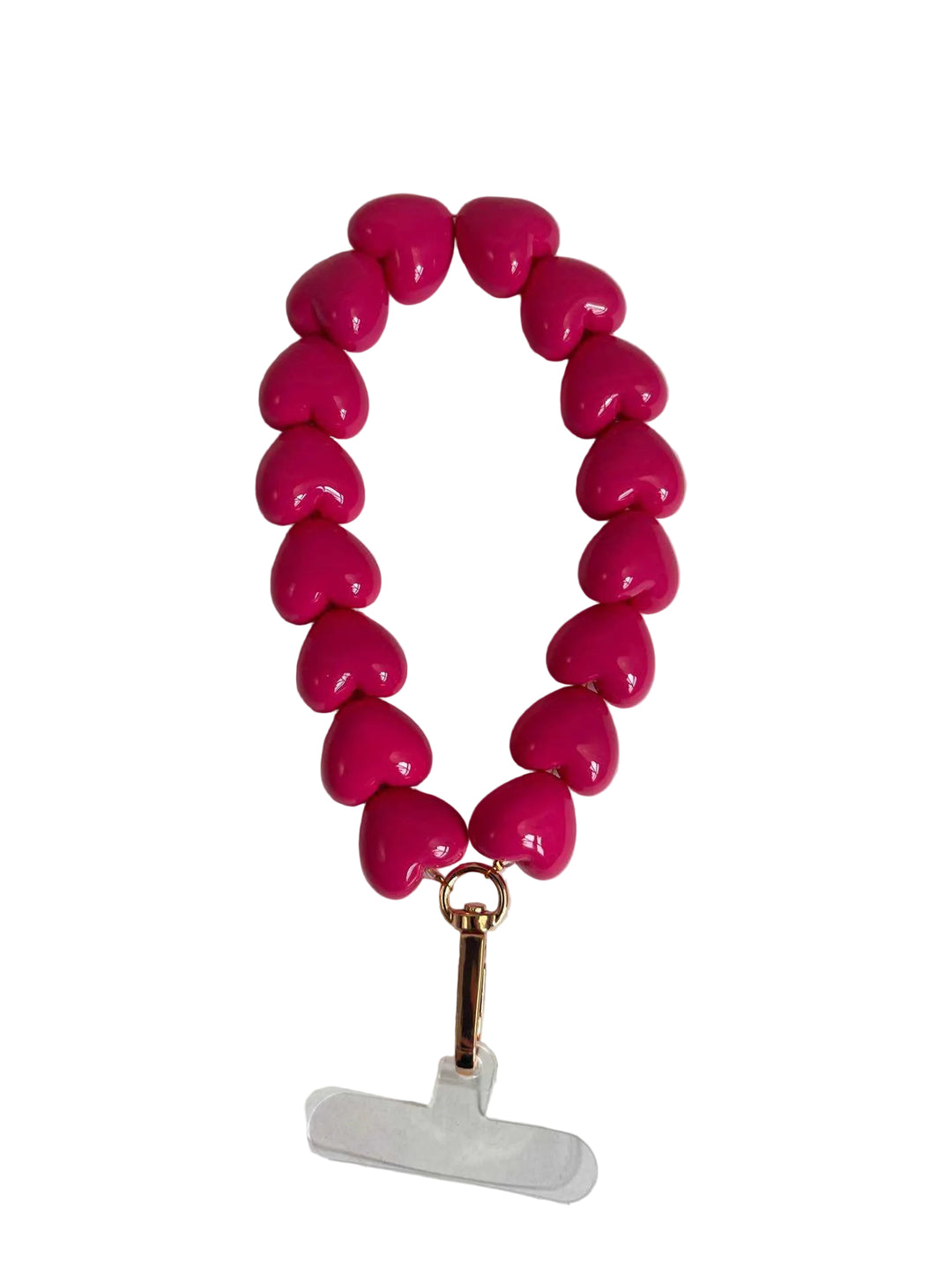 Pink heart-shaped beaded keychain with a gold clasp on a white background