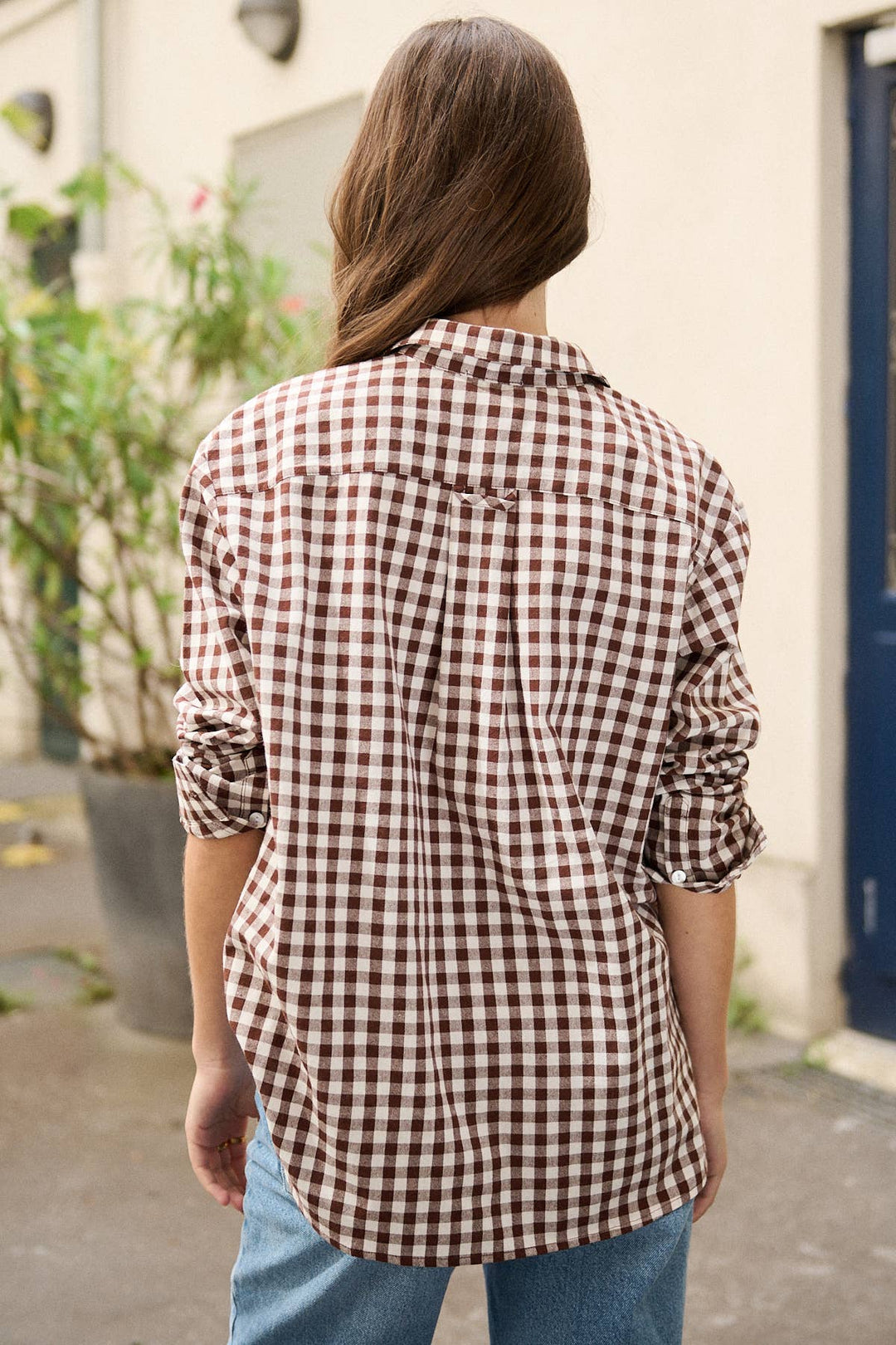 Loose Brown gingham print cotton shirt , scallop pocket-Shirts & Tops-LNH Edit