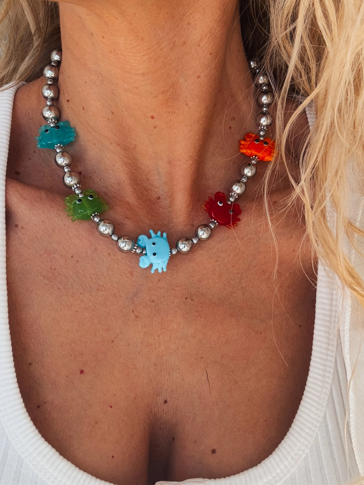 Silver Beaded Necklace with Lampwork glass Colorful Crabs