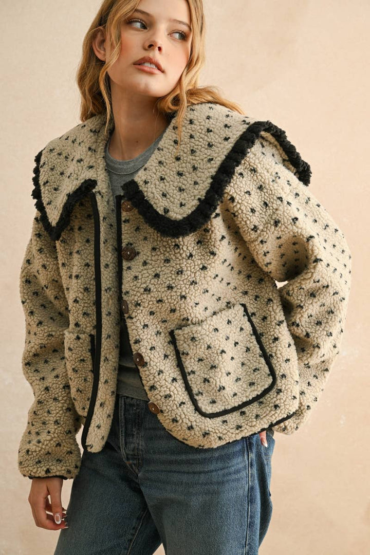 Stone and Black Sherpa Jacket with Collar