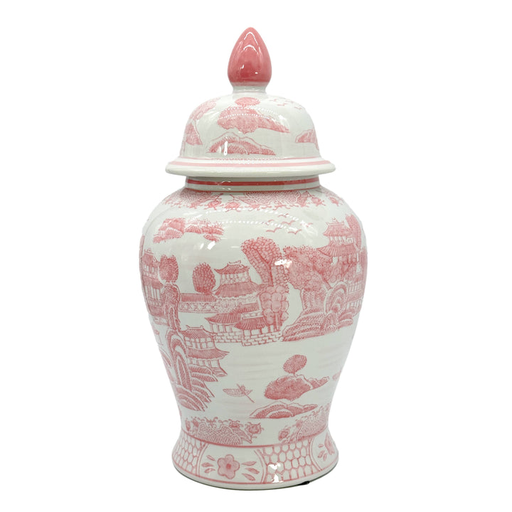 Pink & White Chinoiserie Ceramic Jar 18"-Ginger Jars-LNH Edit