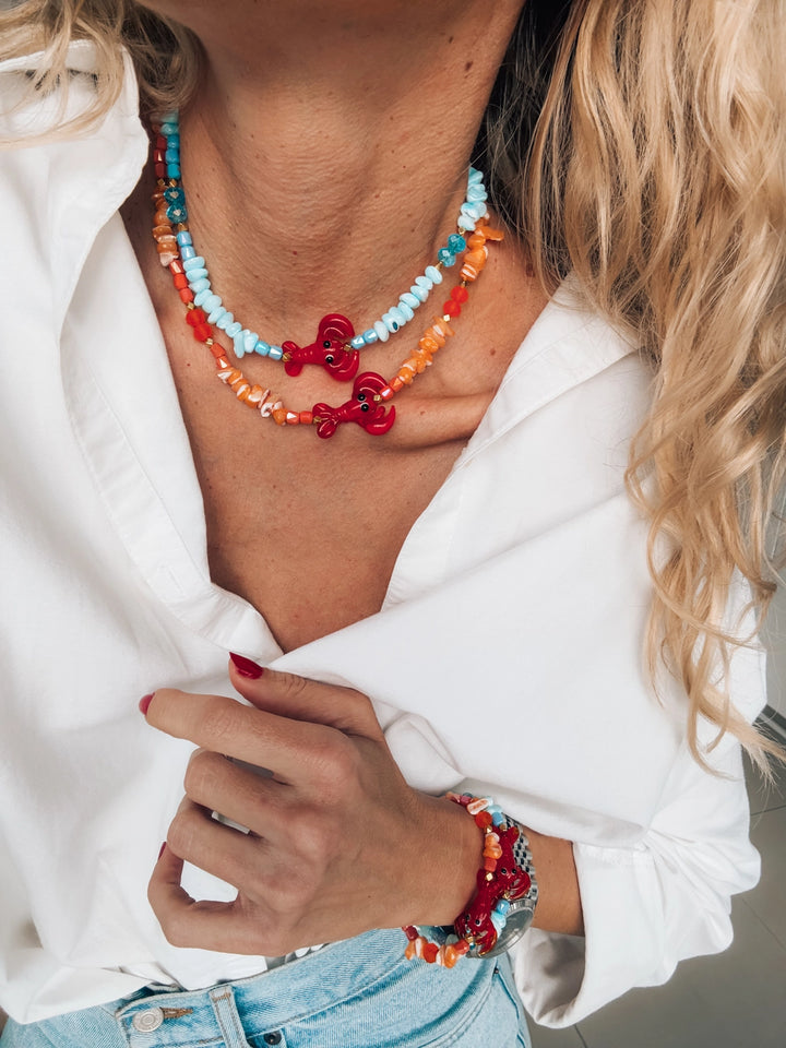 Semiprecious Filntisi Chips in Turquoise with Glass Lobster