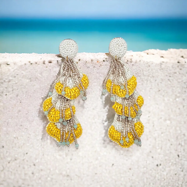 Statement Beaded Seashell Tassel Earrings