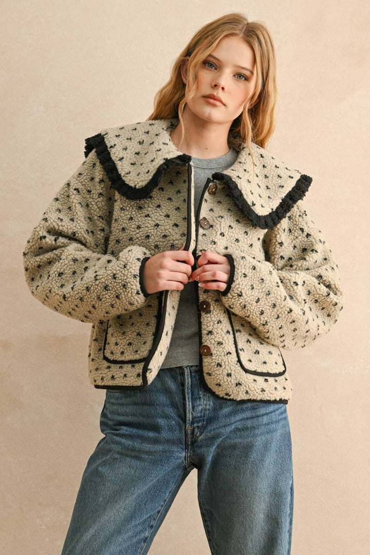 Stone and Black Sherpa Jacket with Collar