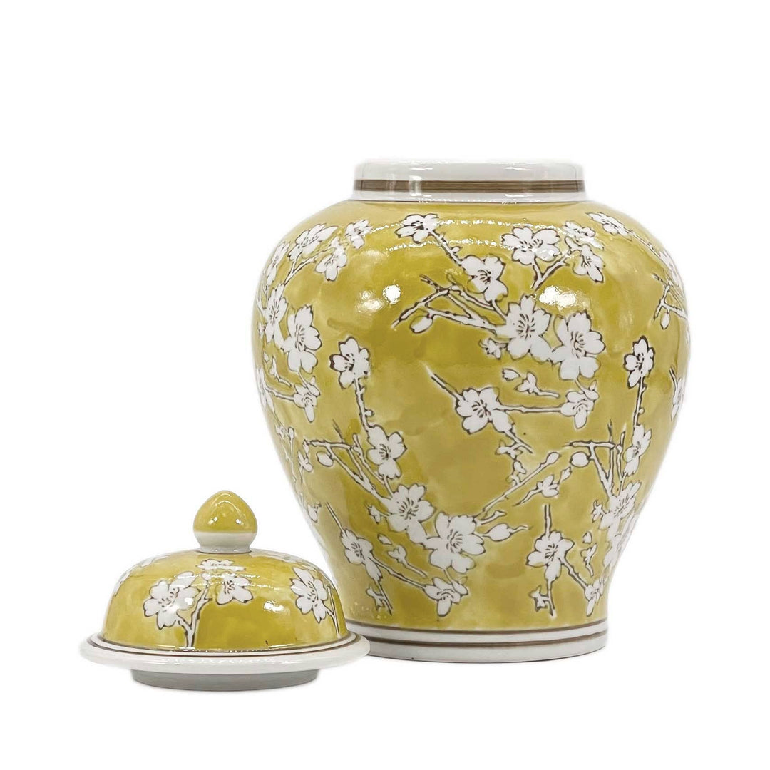 Yellow & White Ceramic Chinoiserie Ginger Jar 12"-Ginger Jars-LNH Edit