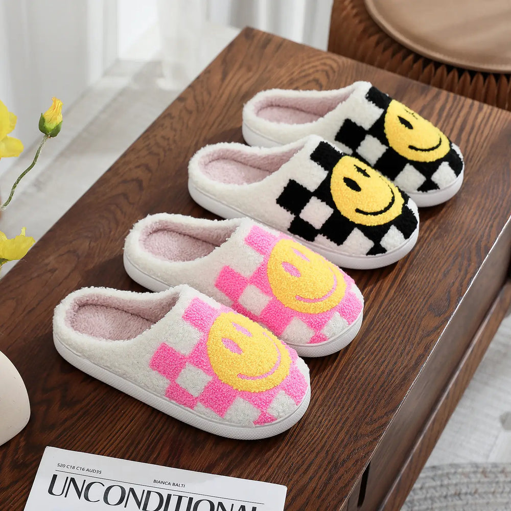 Smiley Face Checkered Slippers Pink-Slippers-LNH Edit