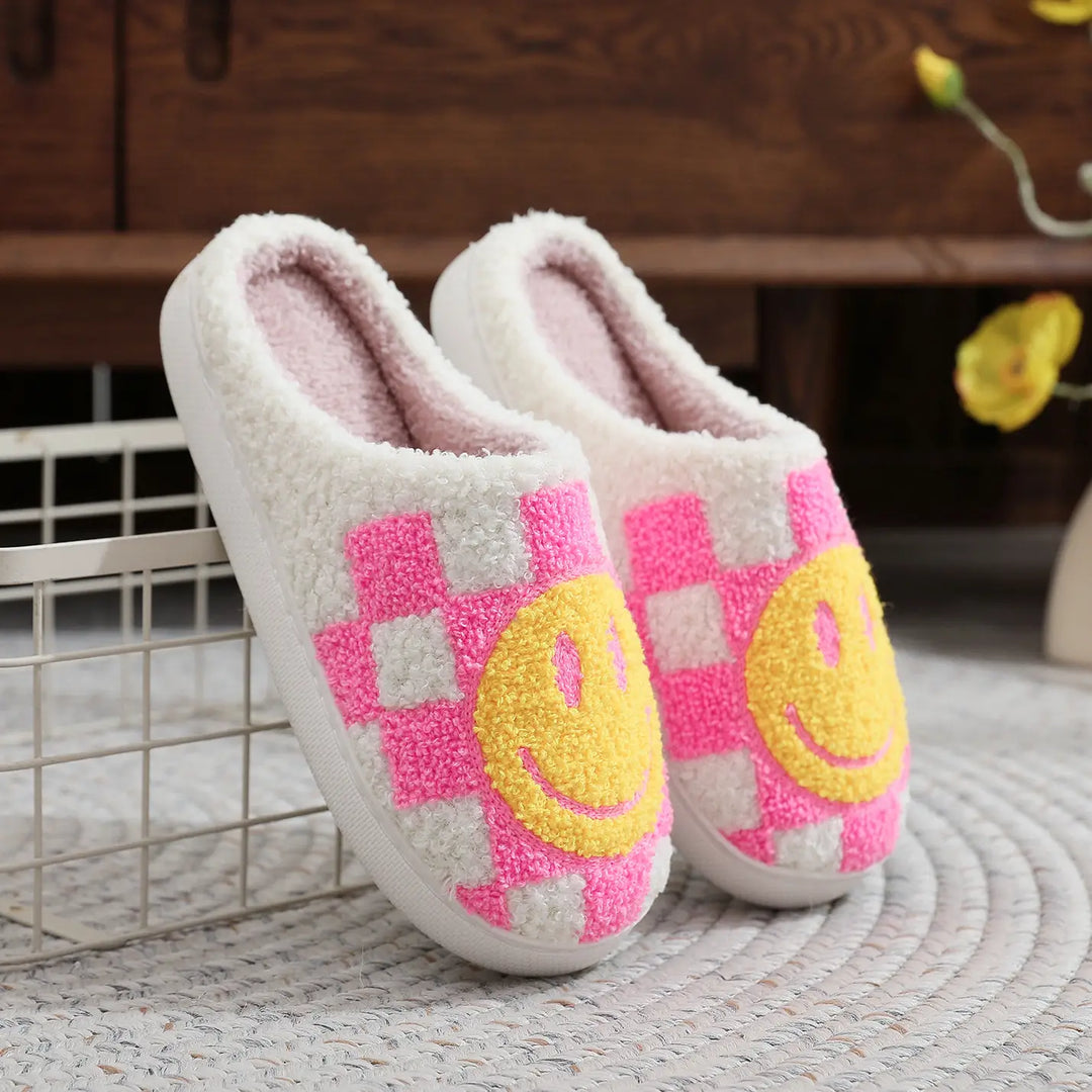 Smiley Face Checkered Slippers Pink-Slippers-LNH Edit