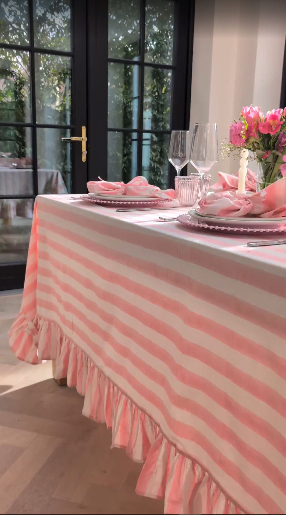 Pink Stripe Frill Rectangle Tablecloth