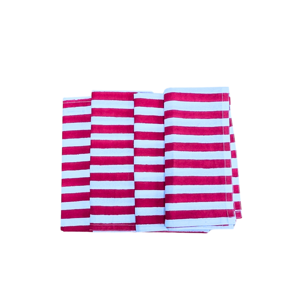 Red and white striped cotton napkins , set of 4