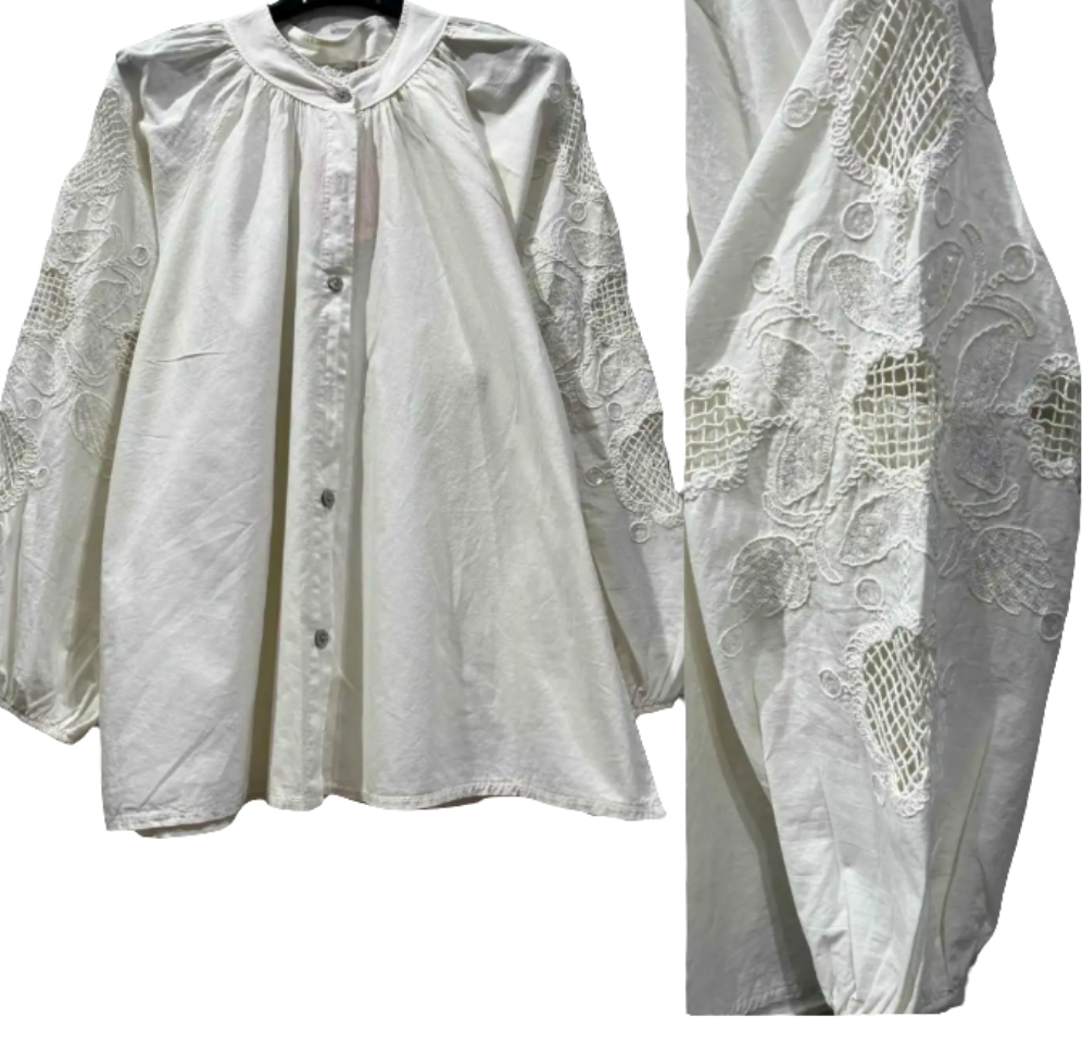 Embroidered sleeve Ecru Shirt-Shirts & Tops-LNH Edit