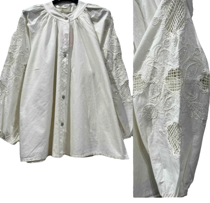 Embroidered sleeve Ecru Shirt-Shirts & Tops-LNH Edit