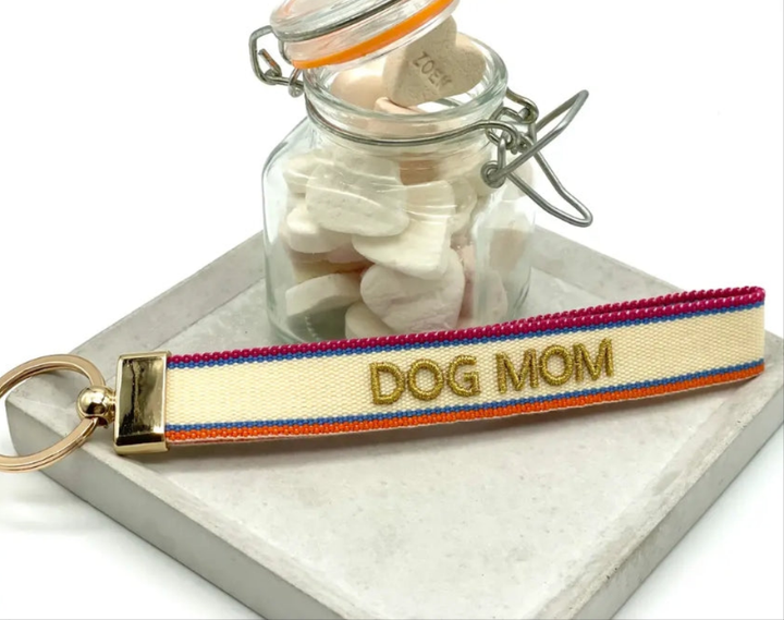 Multicoloured Dog Mom Woven Keyring