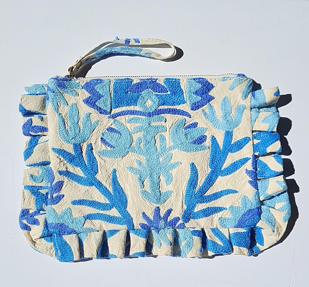 Suzani Embroidered Frill Clutch Blue-Clutch Bags-LNH Edit