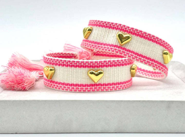Hearts Pink & White Woven Bracelet